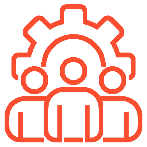 A group of people with gears in the middle of a black background.