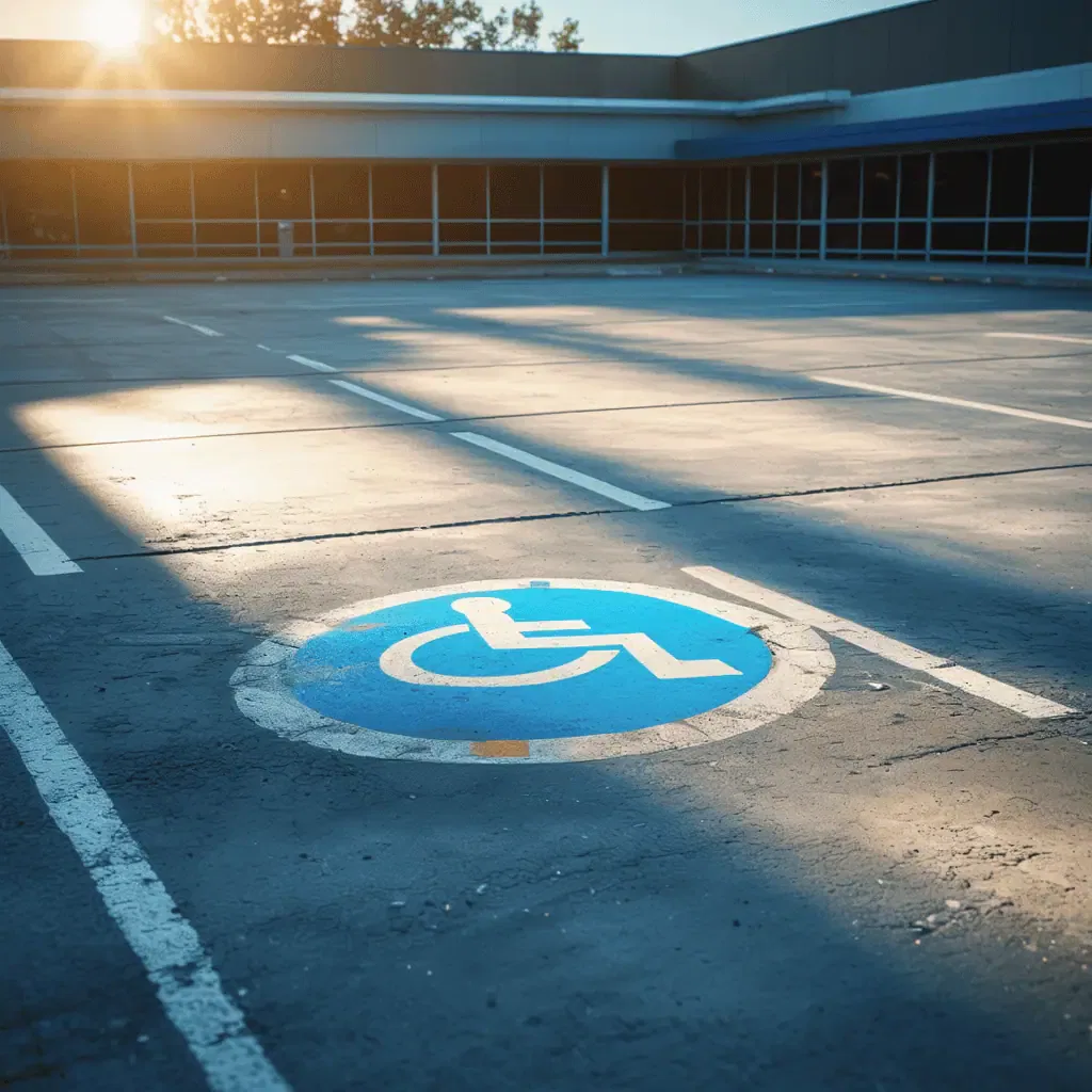 Empty parking lot at sunrise with a prominently marked handicap parking space.