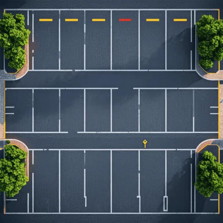 Aerial view of an empty parking lot with designated spaces, bordered by trees on each side.