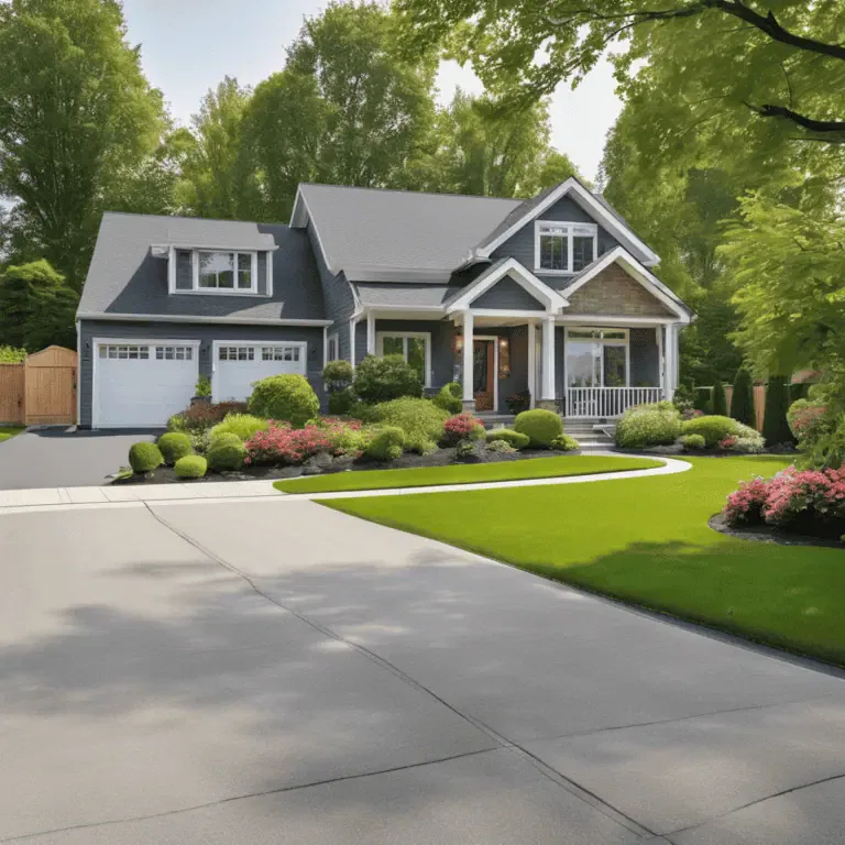 A two-story house with a well-maintained lawn, landscaped garden, and a long driveway leading to a double garage. The exterior is painted in shades of grey with a porch at the entrance.