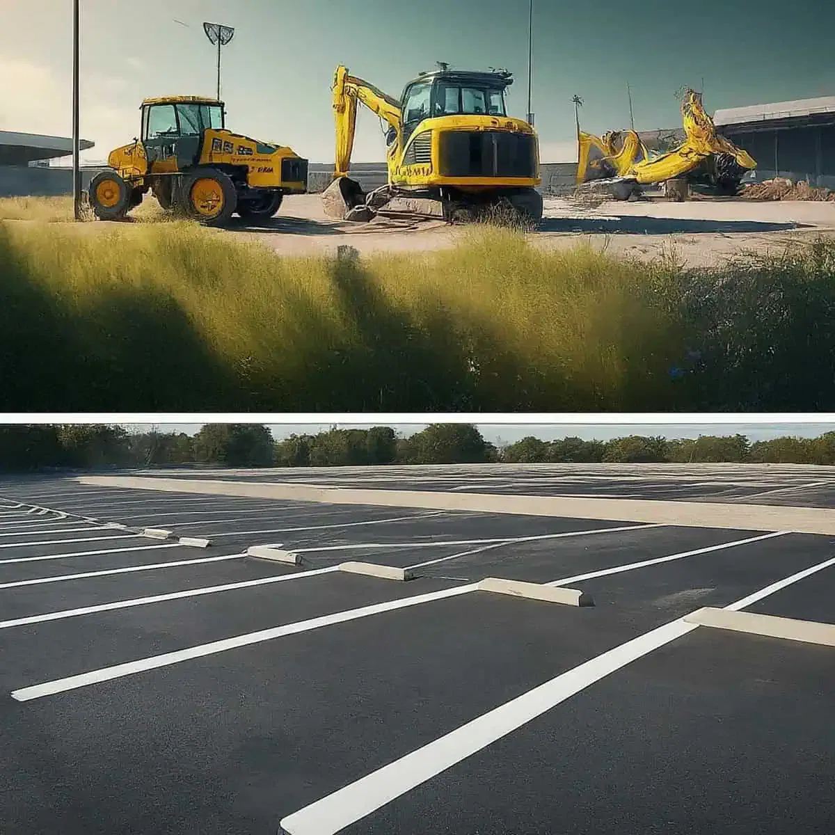 Top: Construction vehicles on a site with tall grass and unfinished buildings in the background. Bottom: Newly paved, empty parking lot with painted parking spaces.