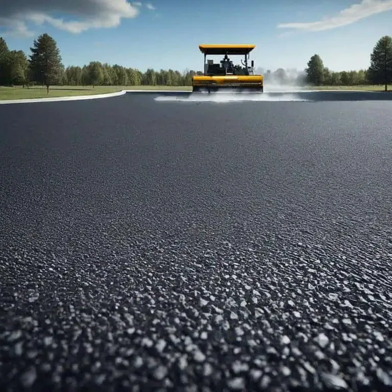 Road roller vehicle smoothing a freshly laid asphalt surface on a large open area with trees and blue sky in the background.