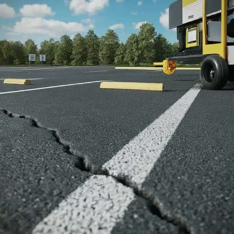 A yellow wheel lock is securely attached to a vehicle's wheel in an empty, sunny parking lot with visible pavement cracks. Trees and a few signs are in the background.