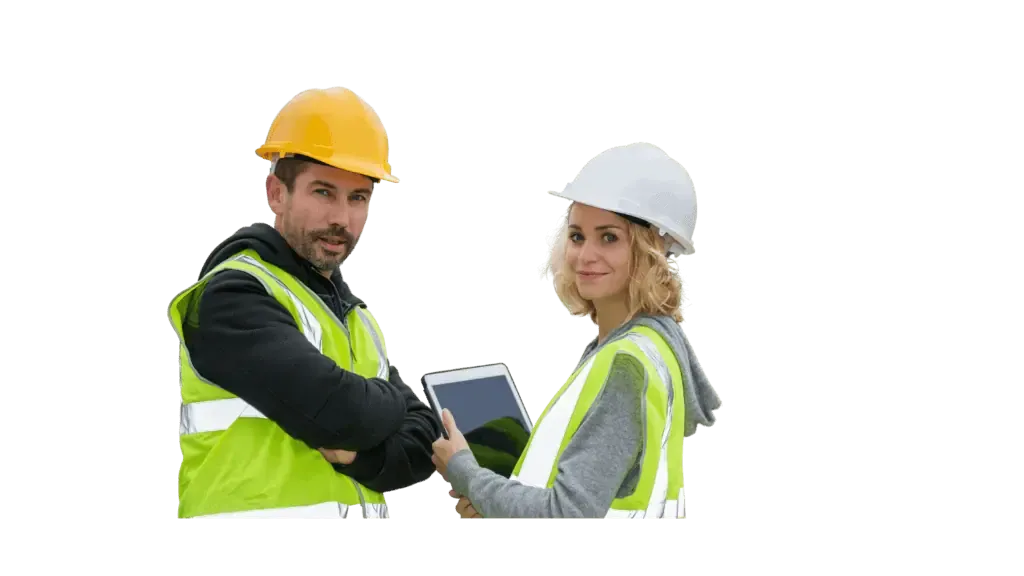 Two construction workers holding a tablet.