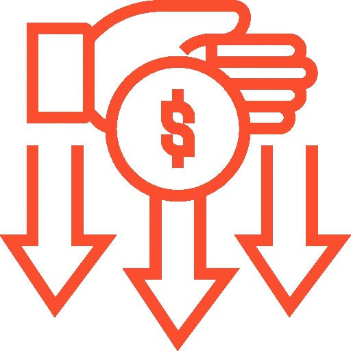 A hand holding a dollar sign with arrows pointing down.