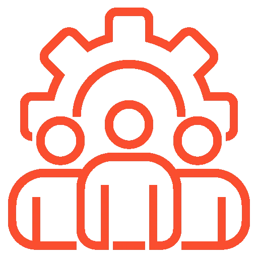 A group of people with gears in the middle of a black background.