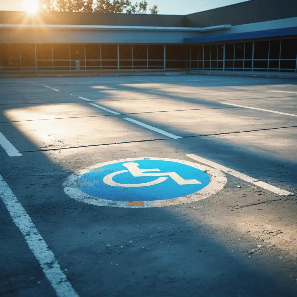 Empty parking lot at sunrise with a prominently marked handicap parking space.