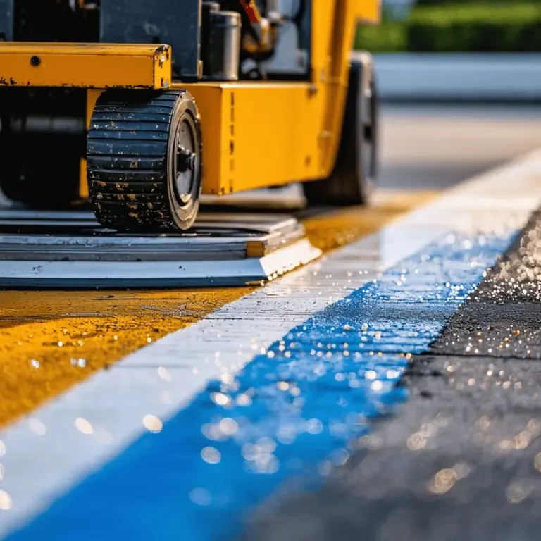 Close-up of a machine applying fresh yellow and blue paint stripes on a road surface, with wet paint glistening in the sunlight.