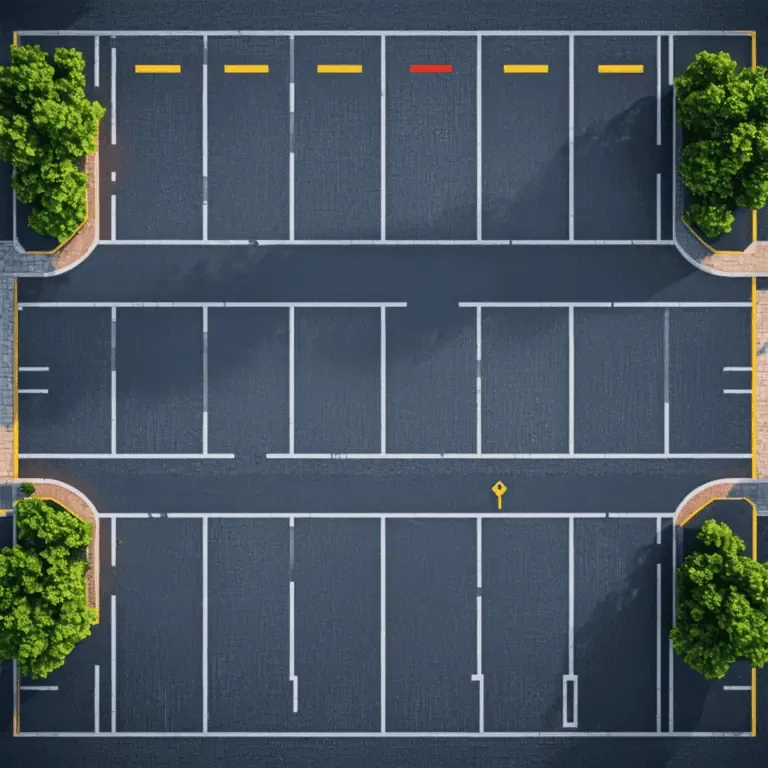 Aerial view of an empty parking lot with designated spaces, bordered by trees on each side.