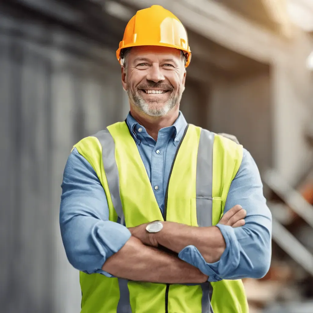 A smiling man wearing a yellow hard hat and reflective vest stands with arms crossed, indoors.