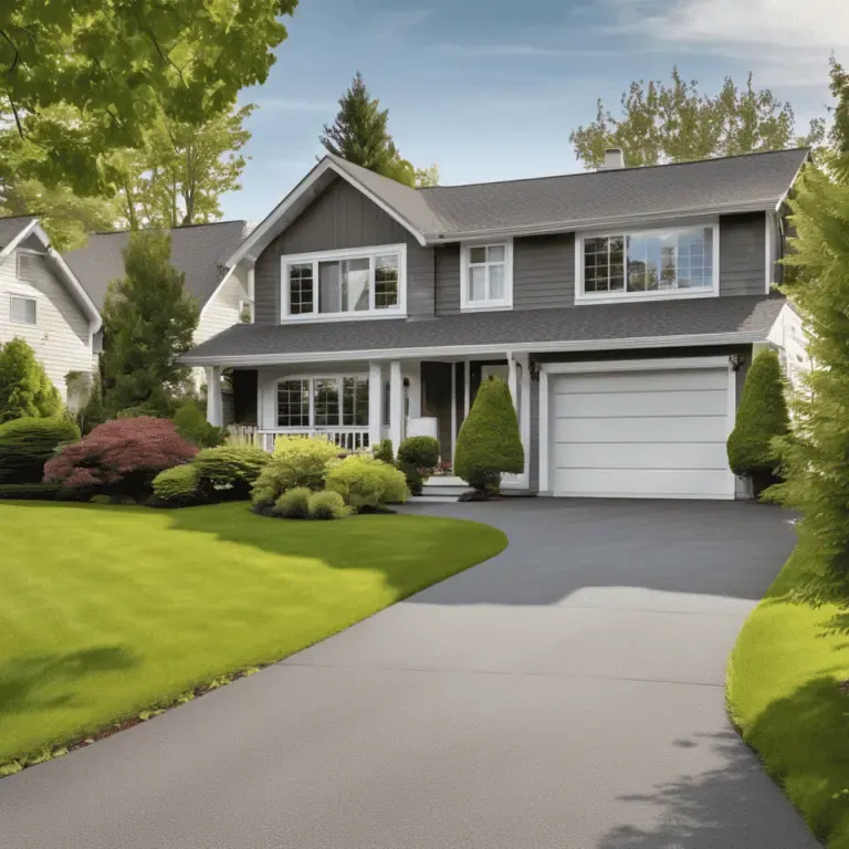 A two-story house with gray siding, white trim, and a dark gray roof. It features a manicured lawn, shrubs, a paved driveway, and a covered porch.