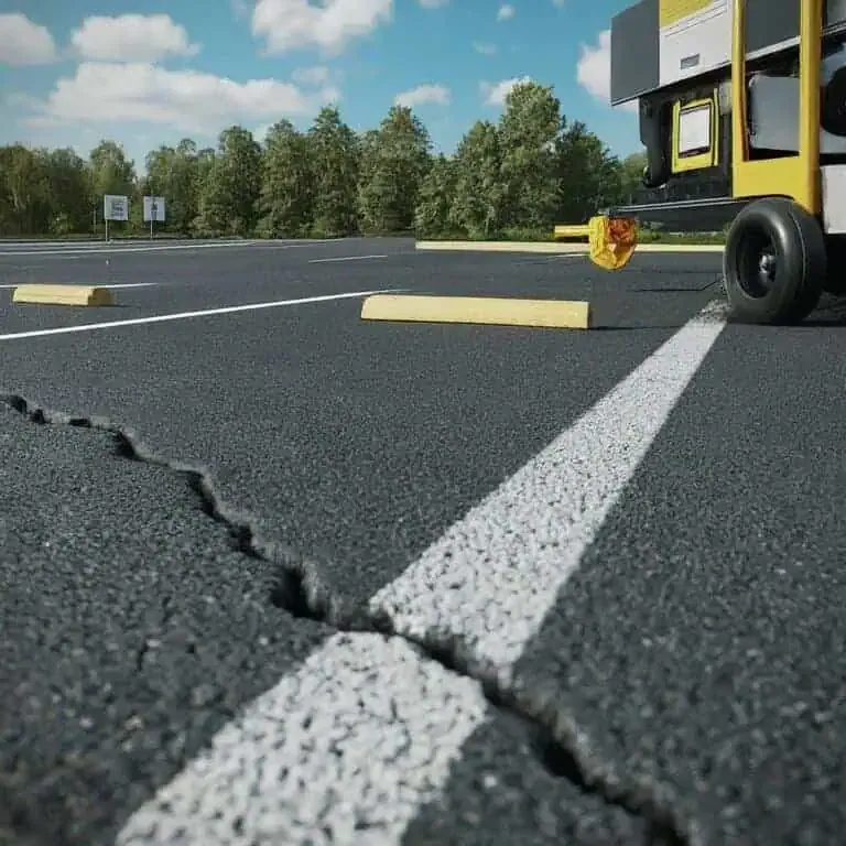 A yellow wheel lock is securely attached to a vehicle's wheel in an empty, sunny parking lot with visible pavement cracks. Trees and a few signs are in the background.