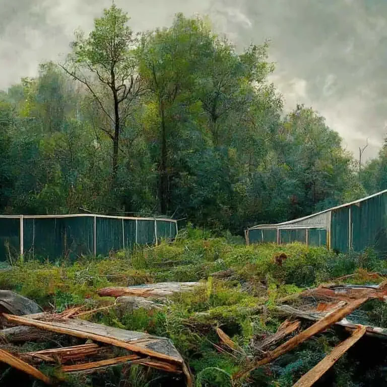 Two abandoned greenhouses stand amidst overgrown vegetation, with broken wooden debris scattered in the foreground and dense trees in the background under a cloudy sky.